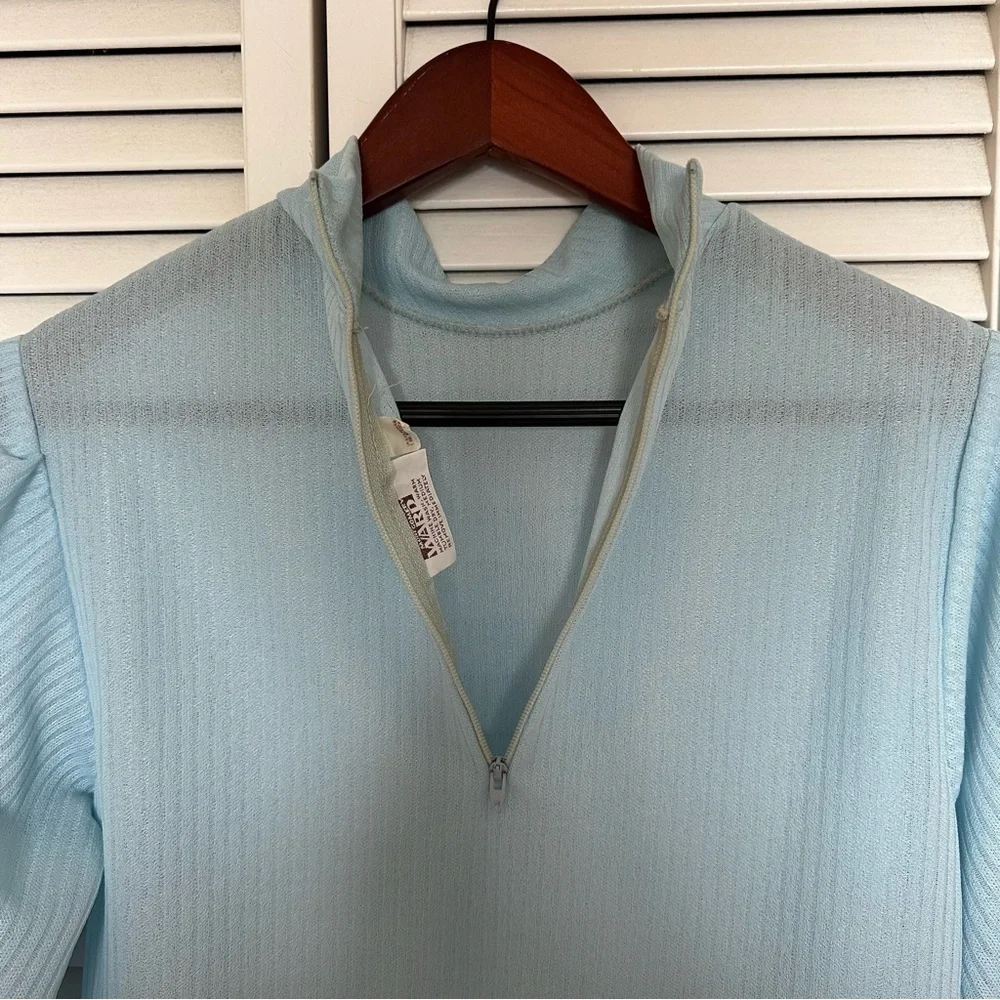 Vintage Blue Ribbed Mock Neck Puff Sleeve Top 70s 80s Retro Medium - Picture 5 of 11
